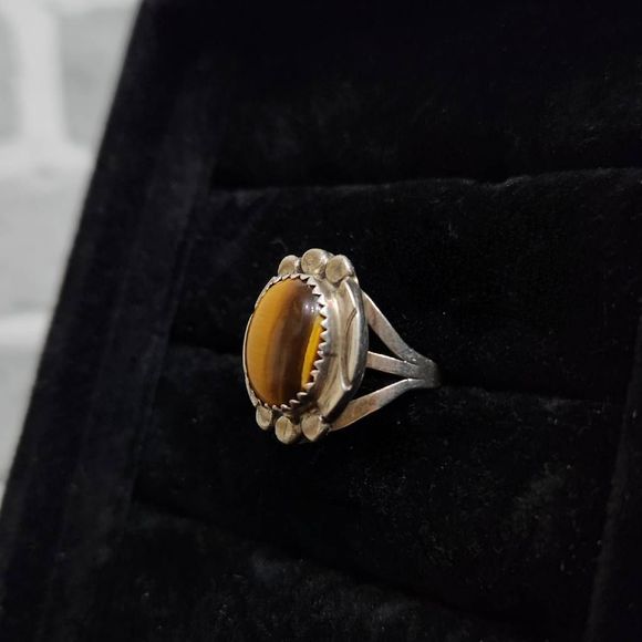 VINTAGE Sterling Silver Tigers Eye Ring Size 8 Gemstone Cabochon - Picture 3 of 7